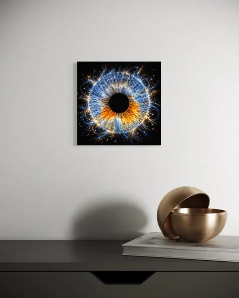 Raumvisualisierung: Blau-goldene Iris als quadratisches Wandbild über einer dunklen Konsole