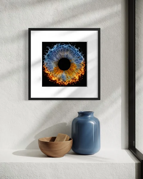 Raumvisualisierung: Blau-orange Iris im schwarzen Rahmen in einer sonnigen Fensternische