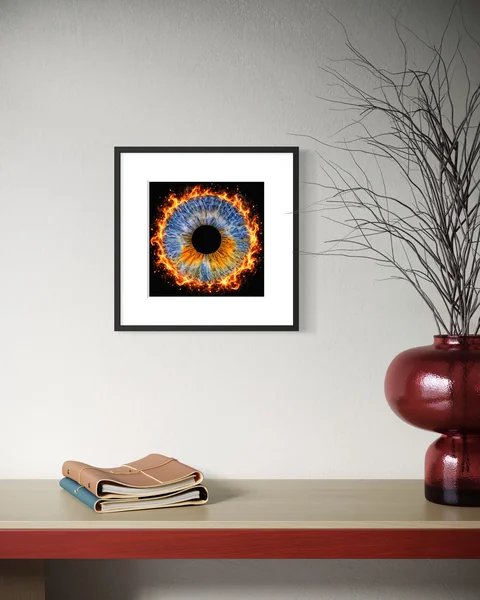 Raumvisualisierung: Blau-orange Iris im schwarzen Rahmen über einem Regal mit roter Vase und Büchern