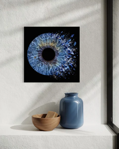 Raumvisualisierung: Blaue Iris als quadratisches Wandbild in einer sonnigen Nische