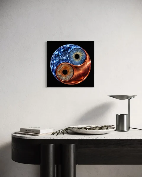 Raumvisualisierung: Blau-orange Yin-Yang-Komposition als quadratisches Wandbild über einem dunklen Tisch